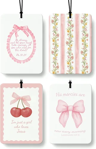 Miniatura 15 de Ambientador de Aire de Coche de Colonia Cristiana Floral Rosa 4 Piezas, Coquette Preppy Lazo Rosa Flor Colgante Ambientador de Aire para Coches Baño