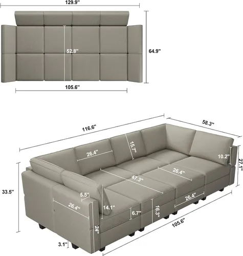 Miniatura 2 de Belffin - Sofá seccional modular con chaises de almacenamiento, sofá cama seccional, sofá de 8 asientos, cama seccional, color gris