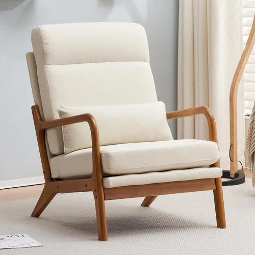 Silla decorativa con cojín, moderno sillón tapizado de mediados de siglo, sofá de lectura individual, respaldo alto con tela de lino + marco de