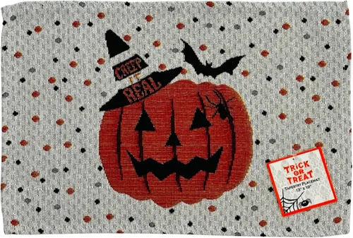 Miniatura 2 de Manteles individuales de Halloween para decoración del hogar, diseño de tapiz, color naranja, negro y blanco Creep It Real Jack O' Lantern. Juego