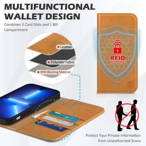 Miniatura 3 de SHIELDON Funda para iPhone 13 Mini 5G, cartera de piel auténtica, cierre magnético, ranuras para tarjetas, función atril, protección completa, Marrón