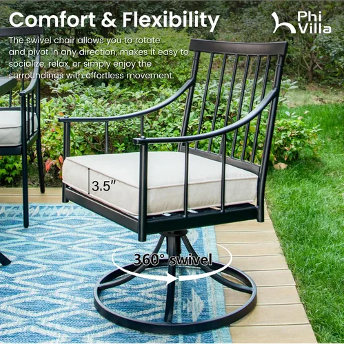 Miniatura 7 de PHI VILLA Juego de mesa de comedor para patio de 7 piezas con cojín para 6, mesa grande rectangular de metal para exteriores con orificio para Silla