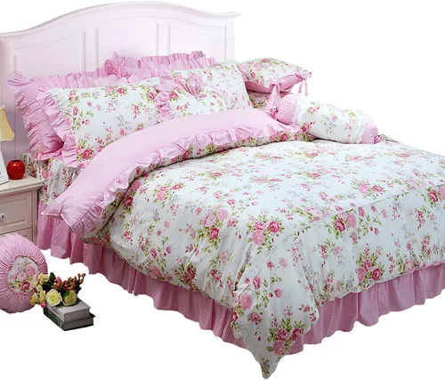 Miniatura 10 de FADFAY Juego de funda de edredón rosa desgastada, colección de ropa de cama floral rosa, elegante juego de funda de edredón de encaje de princesa
