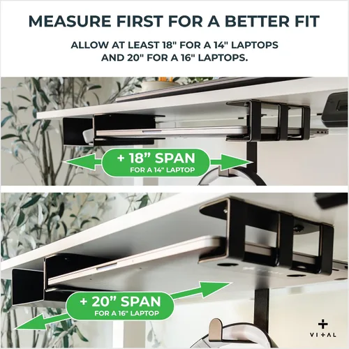 Miniatura 6 de VI+AL Soporte para laptop debajo del escritorio - Estante oculto de metal con almacenamiento lateral, gancho y organizador de cables - Se instala