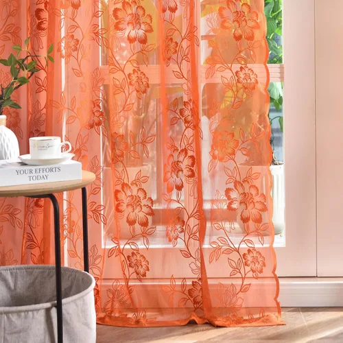 FINECITY Cortinas traslúcidas color naranja quemado de 63 pulgadas, 2 paneles de cortinas de encaje transparentes óxido para dormitorio, patrón