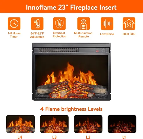 Miniatura 3 de Chimenea eléctrica de 23 pulgadas, llama y troncos realistas, brillo de 4 llamas ajustables, inserto de chimenea con control remoto, temporizador