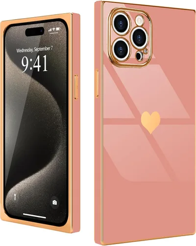 Miniatura 23 de Compatible con iPhone 12 Funda Rectangular Bonita Chapado Dorado Lujo Corazón de Amor Funda de Teléfono para Mujeres Niñas A Prueba de Golpes