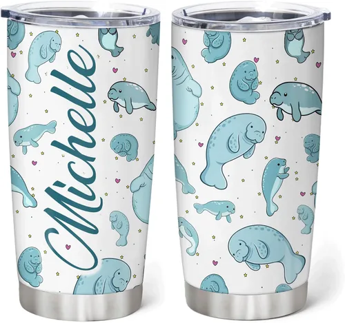 Miniatura 9 de Hyturtle Regalos personalizados para amantes de los manatíes, vaso de acero inoxidable con nombre personalizado de 20 onzas con tapa, idea de lindos