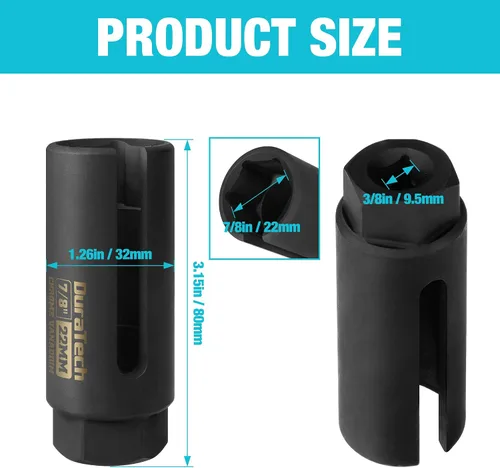 Miniatura 3 de DURATECH Juego de llaves de vaso del sensor de oxígeno O2 de 3/8" x 7/8" (22mm), herramienta de extracción del sensor de oxígeno de acero