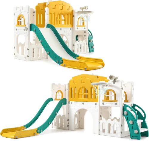 Juego de toboganes 8 en 1 para niños, centro de actividades para interiores y exteriores, juego de tobogán escalador para niños con aro de