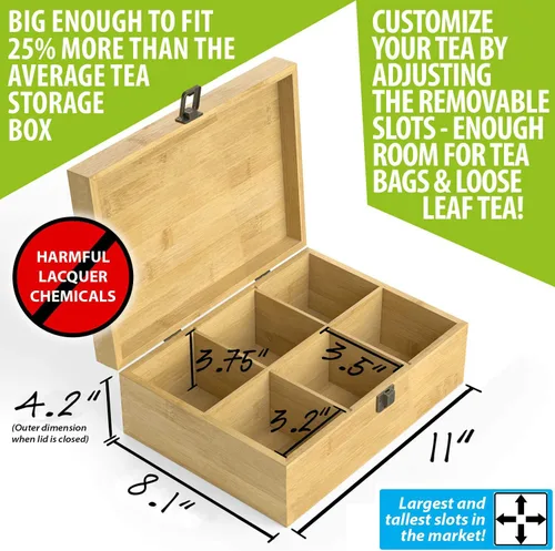 Miniatura 2 de Caja organizadora de té segura para alimentos, libre de productos químicos, baúl de almacenamiento de bambú, cubos ajustables