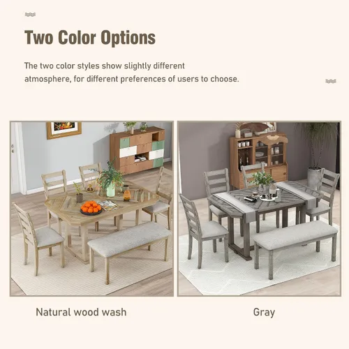 Miniatura 6 de Juego de mesa de comedor de madera de goma de 6 piezas con patrón de grano de madera y cojín suave, mesa de comedor rectangular con 4 sillas