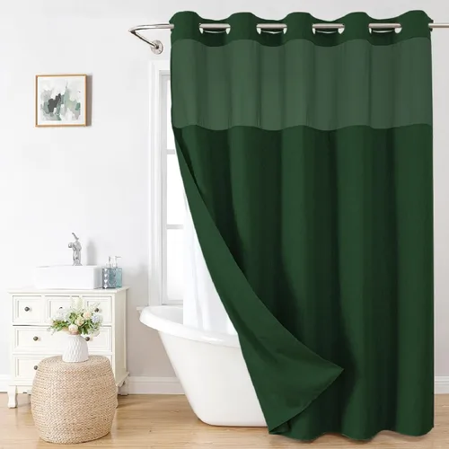 Miniatura 19 de eachope-Cortina de ducha de lino texturizado, forro de tela a presión, no necesita ganchos, ventana superior de malla, cal. hotelera de lujo, Crema
