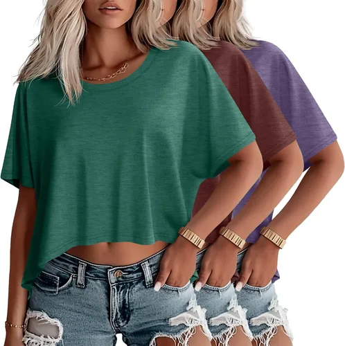 Miniatura 21 de Huukeay Paquete de 3 camisetas recortadas de gran tamaño para mujer, manga corta, holgadas, cuello redondo, holgadas, para entrenamiento