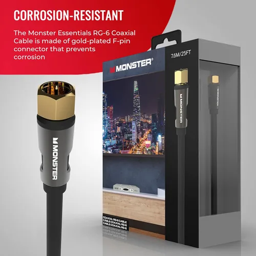Miniatura 2 de Monster Essentials - Cable coaxial RG-6 con conector de cable coaxial F-Pin chapado en oro, cable de Internet de alta velocidad con cubierta