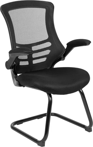 Miniatura 3 de BizChair Silla de recepción lateral con base de trineo de malla negra con brazos abatibles-sala de espera de oficina