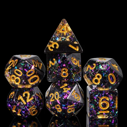 Juego de dados de resina para DND, juego de 7 dados poliédricos negros D&D rellenos con papel de colores brillantes para juegos de rol y juegos de