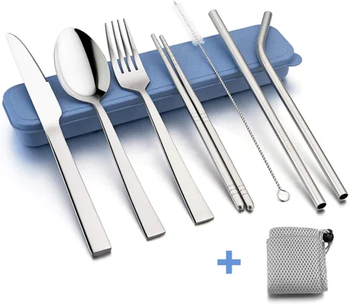 Miniatura 2 de HaWare Utensilios de viaje portátiles con funda, juego de cubiertos de acero inoxidable para camping, oficina, escuela, almuerzo, incluye cuchillo