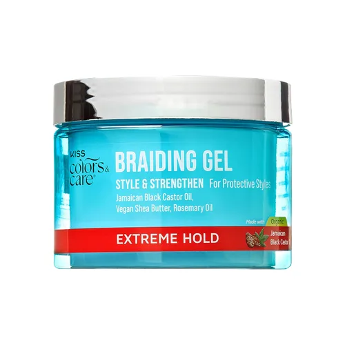 KISS COLORS & CARE Braid Gel Extreme Hold, 6 onzas, nutritivo, añade brillo, mejora la humedad, sujeción duradera, para todo tipo de cabello, estilo