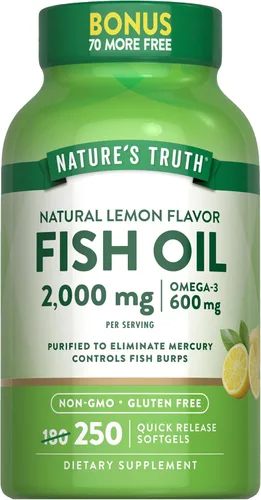 Nature's Truth Pastillas de aceite de pescado sin eructos de 2000 mg | 600 mg de Omega 3 | 250 cápsulas blandas | Sabor natural a limón | Suplemento