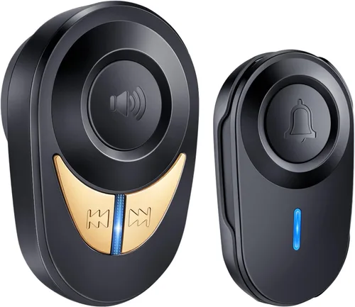 Timbre inalámbrico, 1300 pies de largo alcance, 48 campanadas y 5 niveles de volumen, botón impermeable IP66, receptor enchufable con bocina de Negro