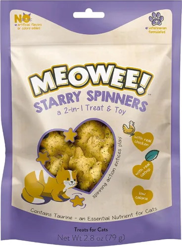 MEOWEE! Starry Spinners - Golosina para gatos, 2.8 onzas, regalo 2 en 1 y juguete hecho con pollo real, hígado de pollo y hierba gatera, fomenta la