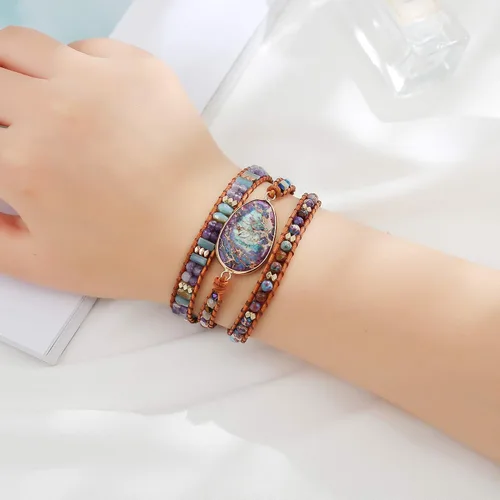 Miniatura 2 de Plumiss Colección de pulseras de cuentas de cuero de cristal natural hechas a mano para mujer