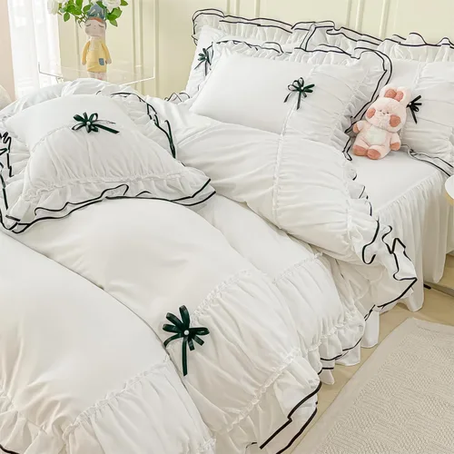 IHOUSTRIY Juego de funda de edredón blanca tamaño Queen, juego de ropa de cama con volantes con corbatín, juego de funda de edredón de 3 piezas con