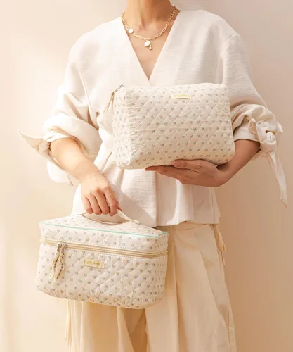Miniatura 7 de HBselect Bolsa de maquillaje acolchada, 3 piezas de algodón grande, bolsa de maquillaje de viaje, bonita bolsa de maquillaje floral de coqueta