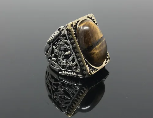 Miniatura 8 de KAR Anillo grande de plata de ley 925K con sello de ojo de tigre I1P