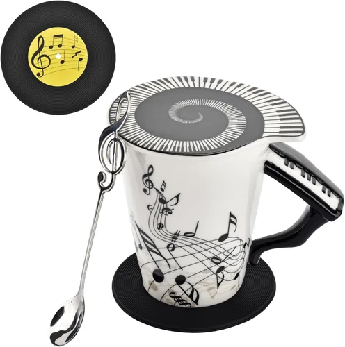 Miniatura 11 de Taza de café de guitarra de 12.9 oz con diseño de notas musicales con tapa temática de música y cuchara y posavasos, regalos para guitarristas