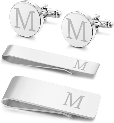 LOYALLOOK 4Pcs Stainless Steel Engraved Initial Cufflinks and Tie Bar Money Clip Set Personalized Button Shirt Initials Tie Clip Alphabet Letter A-Z