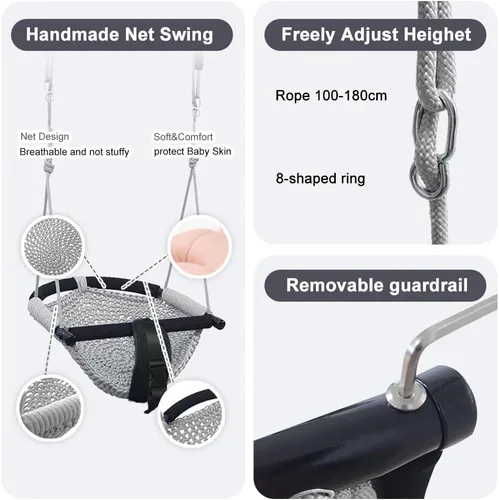 Miniatura 5 de Asiento de columpio para niños pequeños de 2 en 1 - Asientos de columpio de cuerda ajustables para niños Juego de columpio para patio trasero Gris
