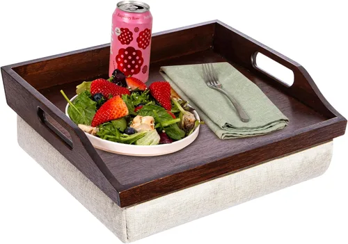 Miniatura 13 de ROSSIE HOME Bandeja de cama de madera de bambú, escritorio de regazo, juego de dos, con cesta de almacenamiento de jacinto, natural, para portátiles