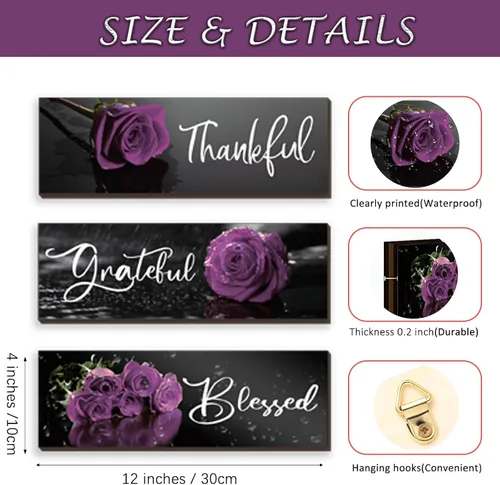 Miniatura 4 de ZINYAZHE 3 piezas de decoración de baño morada, arte de pared con diseño de rosas inspiradoras, letrero de cocina morado y negro, decoración