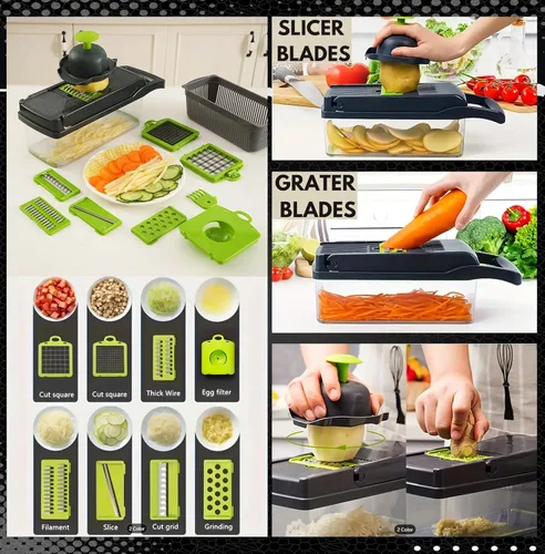 Miniatura 3 de Picadora de verduras y espiralizador profesional 16 en 1 – Picadora de alimentos de varias cuchillas con recipiente, picadora de cebolla, cortador