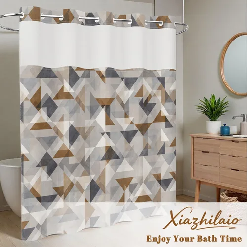 Miniatura 7 de No Hook Geometric Shower Curtain with Snap in Liner - 71″W x 74″L Waterproof Fabric with Mesh Top Window, Modern Abstract Triangle Design Bath
