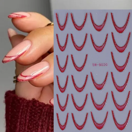 Miniatura 2 de Calcomanías de uñas de línea francesa, calcomanías de uñas de punta francesa con purpurina colorida 3D, autoadhesivas en 3D, puntas de uñas de línea