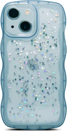 Miniatura 86 de Qokey Funda para iPhone 12 Pro Max de 6.7 pulgadas, diseño de onda rizada, borde transparente, brillante con purpurina, estrella brillante, bonita