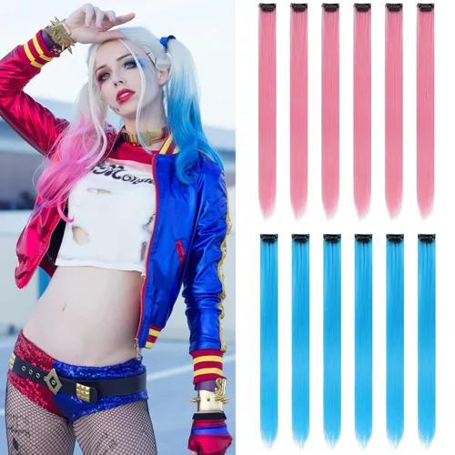 Miniatura 10 de Paquete de 12 extensiones de cabello de colores arcoíris, mechones para fiestas, 22 pulgadas, extensiones de cabello coloridas con clip, mechones
