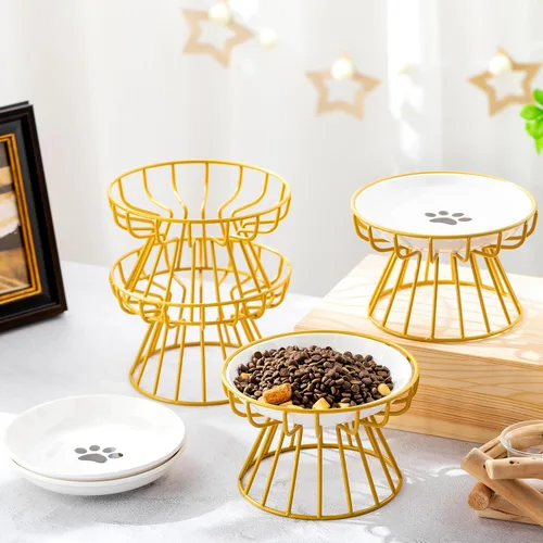 Miniatura 6 de Roshtia 4 juegos de cuencos elevados de cerámica para gatos con soporte de metal, platos aptos para lavavajillas, platos elevados antideslizantes
