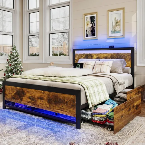 Miniatura 4 de Ailisite Marco de cama de tamaño individual de granja con almacenamiento y 4 cajones, marco de cama LED rústico con cabecera y estación de carga