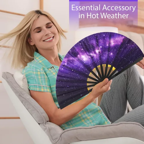 Miniatura 5 de Queekay 2 ventiladores de mano plegables rave para baile de línea para mujer, galaxia satinada, ventilador decorativo de mano grande con funda