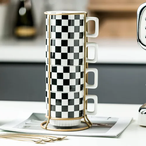 Miniatura 3 de Miamolo Juego de 4 tazas de café apilables con estante de 11 oz, juego de tazas de té con cuchara pequeña para café, té, cacao, leche, taza de café