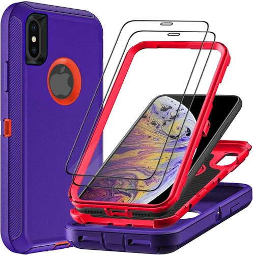 Miniatura 7 de Funda para iPhone X/iPhone Xs con 2 protectores de pantalla de vidrio templado, grado militar 3 en 1, resistente a prueba de golpes, a prueba