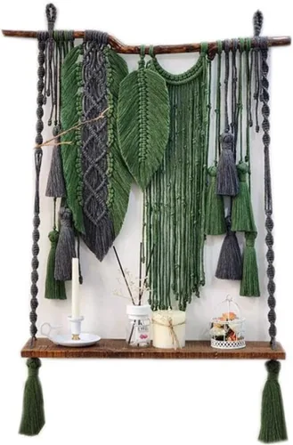 Tapiz de macramé tejido a mano para colgar en la pared con estante divisorio, cesta colgante de plantas, balcón, decoración de almacenamiento (color