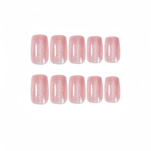 Miniatura 2 de BFY Uñas postizas a presión de ojo de gato, uñas postizas cuadradas medianas, uñas acrílicas de gel rosa claro, kit de uñas postizas holográficas