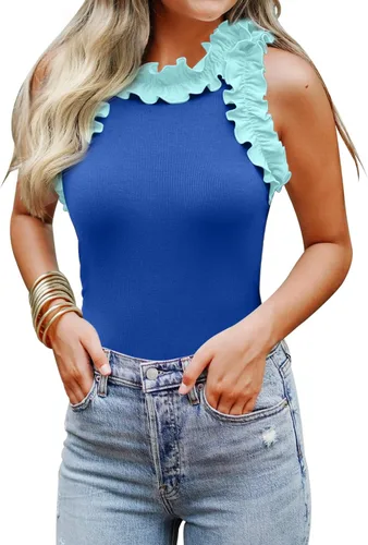 Miniatura 16 de WAYMAKER - Camiseta sin mangas para mujer, body de estilo sexy con espalda cruzada, cuello de tortuga simulado y ribeteado