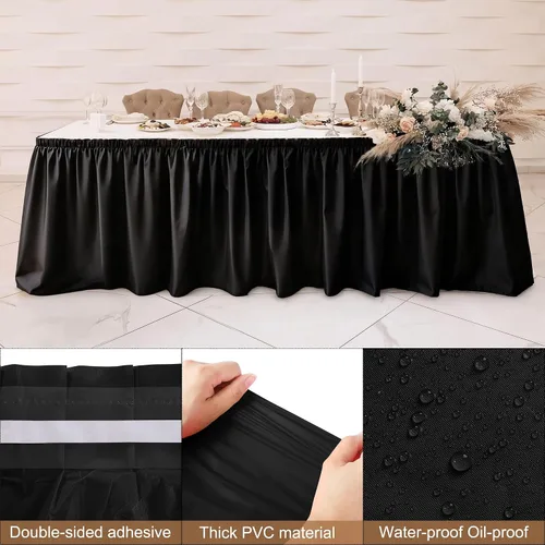 Miniatura 3 de TURSTIN 2 faldas de mesa de plástico negro de 14 x 29 pies para mesas rectangulares, mantel ajustable, mantel desechable para fiestas de cumpleaños