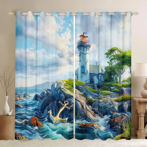 Miniatura 12 de Erosebridal Nautical Lighthouse Blackout Curtains 30-50% Navigation Theme Curtains for Women Men Watercolor Seascape Window Treatments Coastal Night